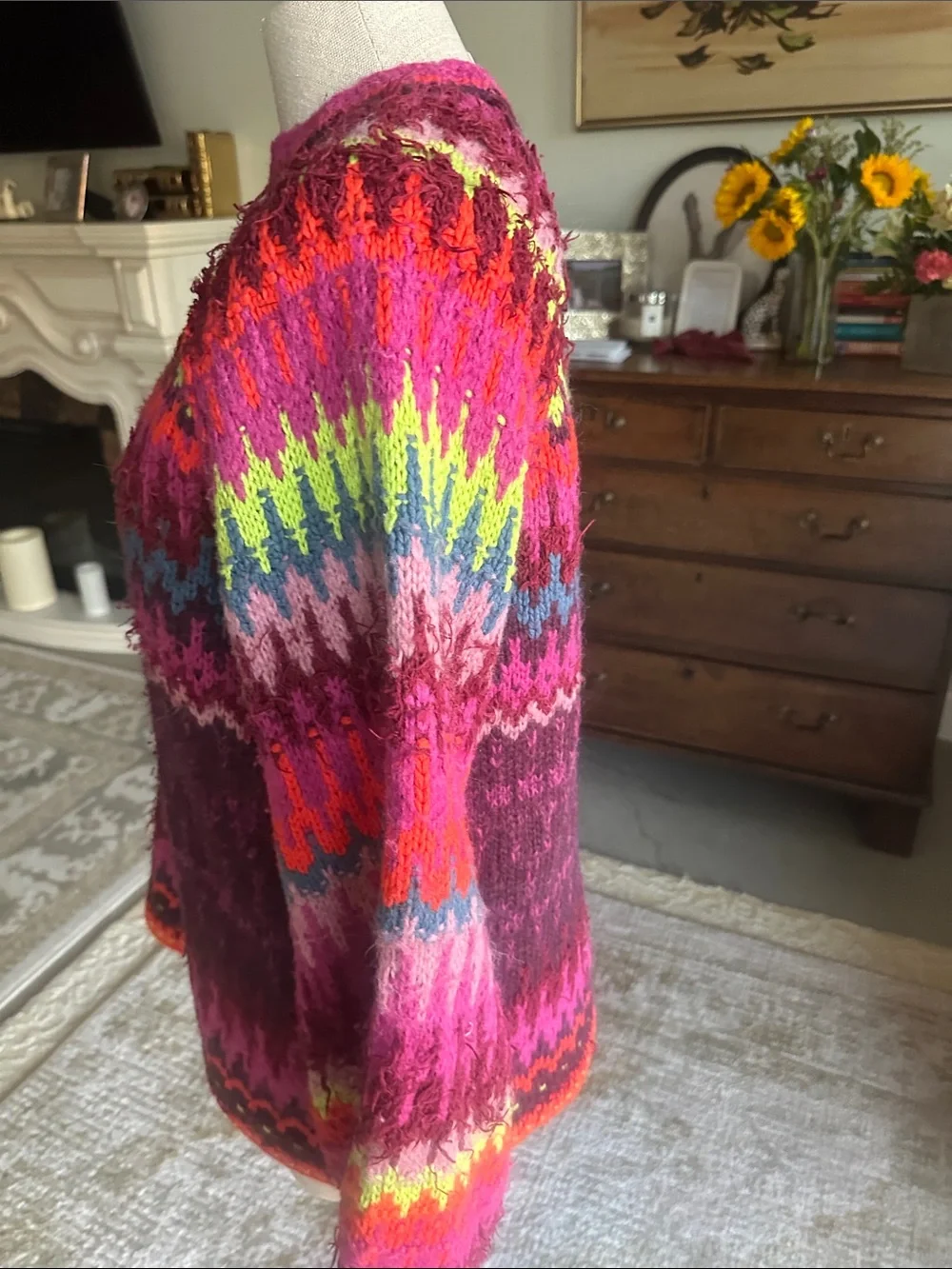 Free People Multicolor Fair Isle Crewneck Sweater in Burgundy, Pink, Neon Yellow